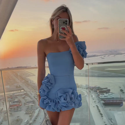 Fashion One-shoulder One-shoulder Dress Sexy Slim Ruffled Flower-bud