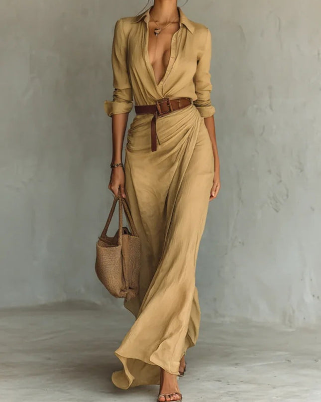 Women's Elegant Belted Irregular Ruffle Long Dress – Slim Waist