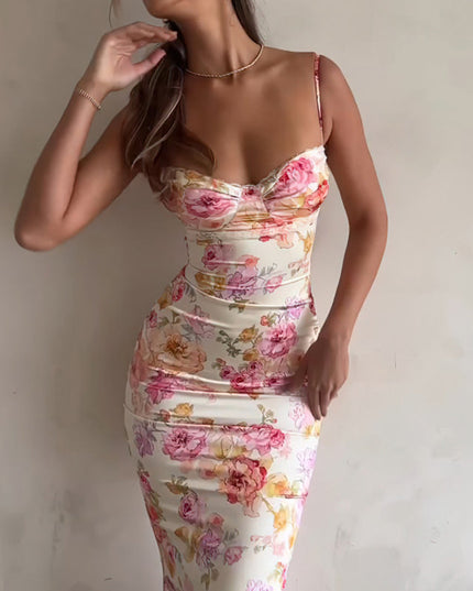 Women’s Floral Bodycon Maxi Dress – Sexy Spaghetti Strap Vacation & Summer Dress