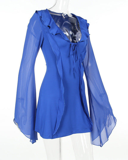 Sexy Ruffled V-neck Lace-up Long-sleeved Dress Fashion Y2K Skirt Slim