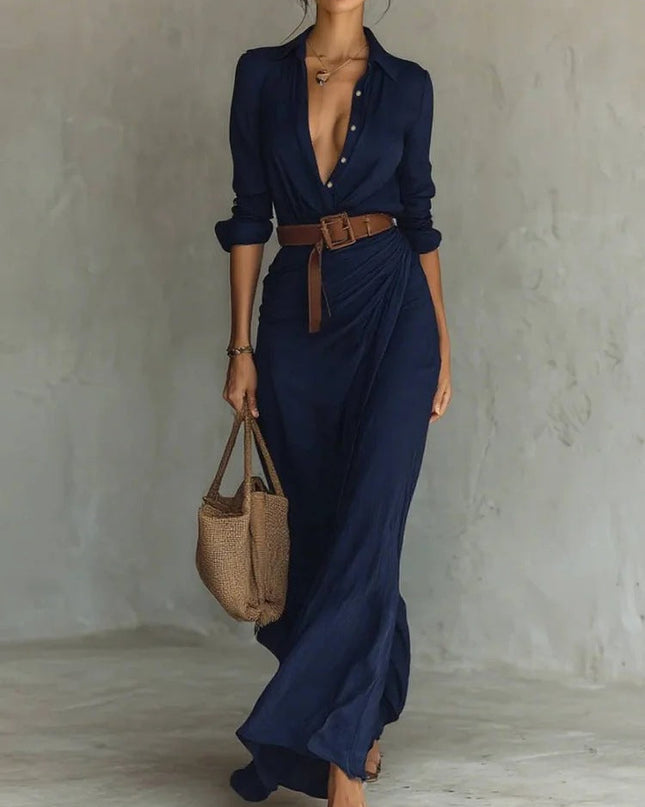Women's Elegant Belted Irregular Ruffle Long Dress – Slim Waist