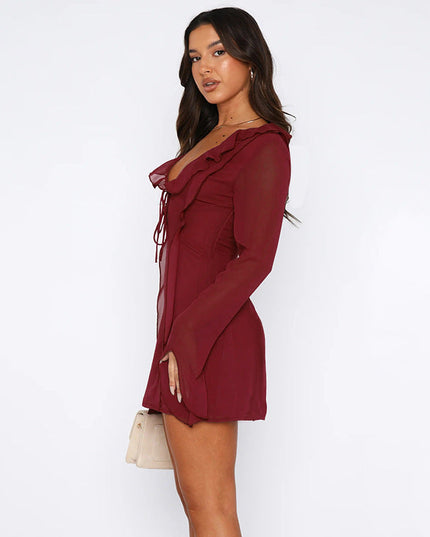 Sexy Ruffled V-neck Lace-up Long-sleeved Dress Fashion Y2K Skirt Slim