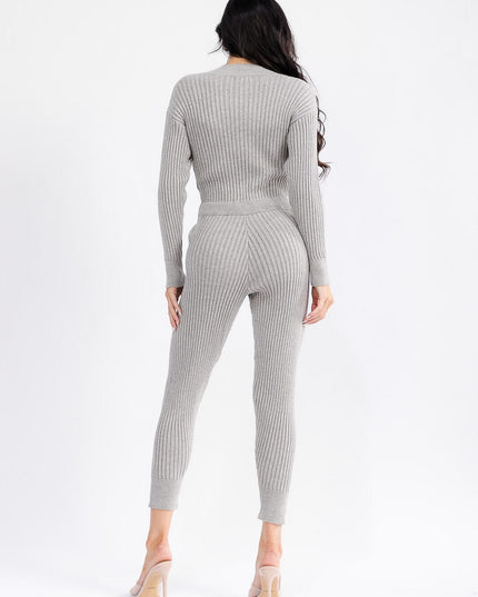 WOMEN'S LONG SLEEVE SURPLICE SELF TIE FRONT POCKETS SKINNY RIBBED JUMPSUIT