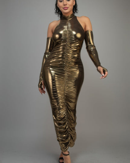 Metallic Ruched Dress With Sleeves
