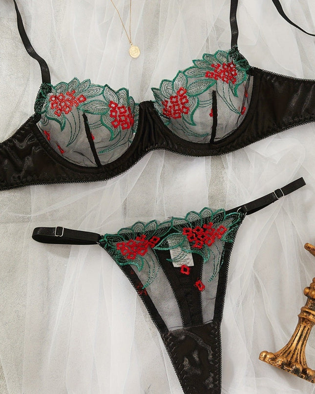 Underwear three-point sexy mesh embroidery perspective fun lingerie set women's T-pants temptation