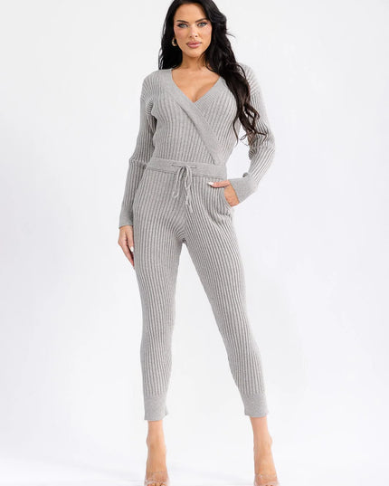 WOMEN'S LONG SLEEVE SURPLICE SELF TIE FRONT POCKETS SKINNY RIBBED JUMPSUIT