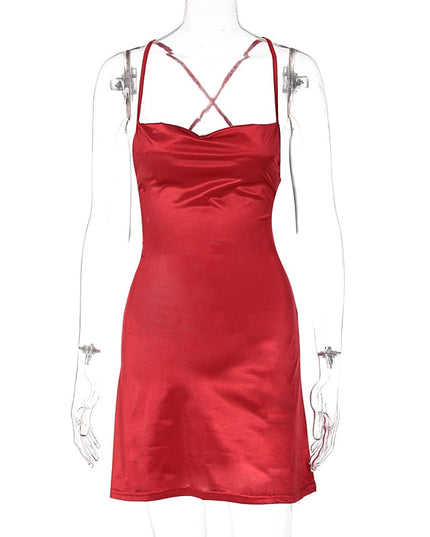 Women Satin Strap Mini Dress Lace Up Bandage Bodycon Backless Sexy Streetwear