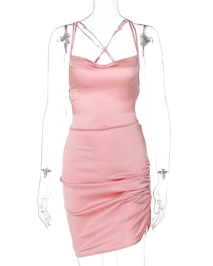 Satin Women Strap Mini Dress Ruched Lace Up Cross Bandage Backless Bodycon Sexy Party Elegant