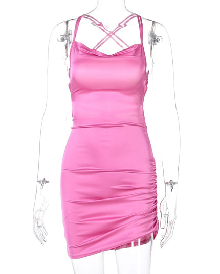 Satin Women Strap Mini Dress Ruched Lace Up Cross Bandage Backless Bodycon Sexy Party Elegant