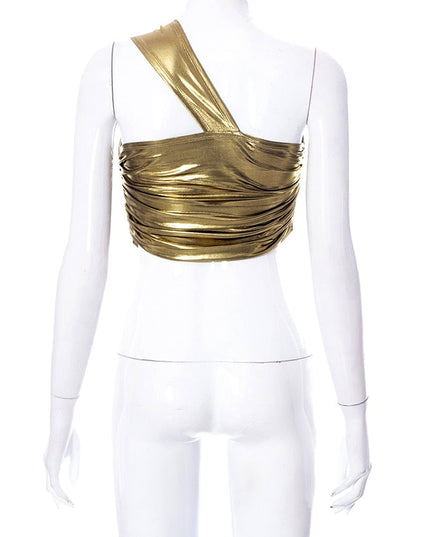 Sexy Slant Shoulder Sleeveless Bodycon Crop Women Bright Ruched Cut Out Corset Top 2022 Summer