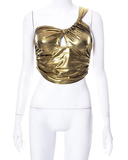 Sexy Slant Shoulder Sleeveless Bodycon Crop Women Bright Ruched Cut Out Corset Top 2022 Summer
