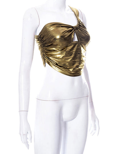 Sexy Slant Shoulder Sleeveless Bodycon Crop Women Bright Ruched Cut Out Corset Top 2022 Summer