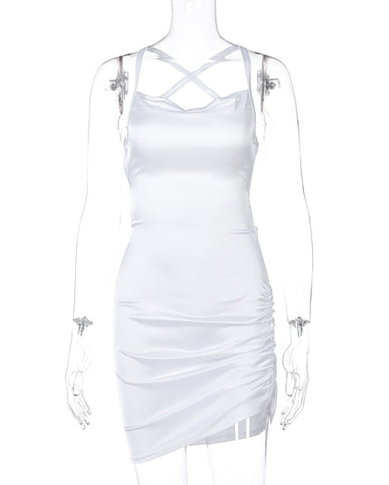 Satin Women Strap Mini Dress Ruched Lace Up Cross Bandage Backless Bodycon Sexy Party Elegant