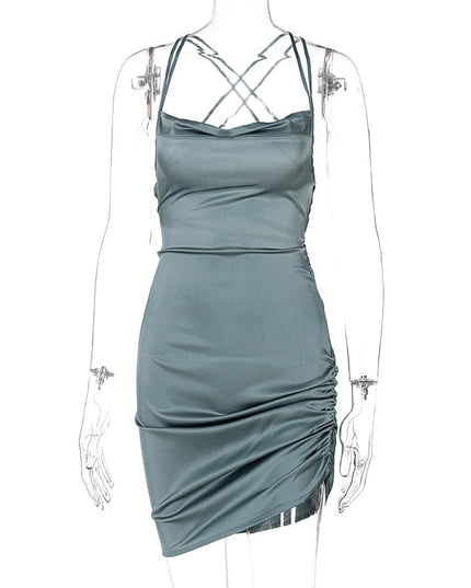 Satin Women Strap Mini Dress Ruched Lace Up Cross Bandage Backless Bodycon Sexy Party Elegant