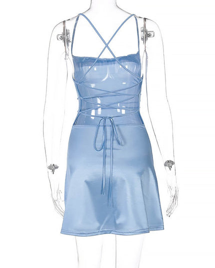 Women Satin Strap Mini Dress Lace Up Bandage Bodycon Backless Sexy Streetwear