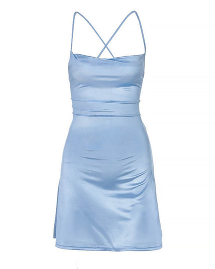 Women Satin Strap Mini Dress Lace Up Bandage Bodycon Backless Sexy Streetwear