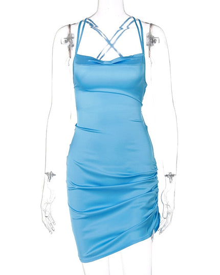 Satin Women Strap Mini Dress Ruched Lace Up Cross Bandage Backless Bodycon Sexy Party Elegant