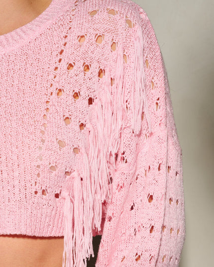 WOMEN'S LONG SLEEVE FRINGE DETAILED KNITTED CROP TOP