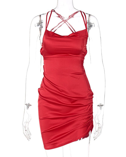 Satin Women Strap Mini Dress Ruched Lace Up Cross Bandage Backless Bodycon Sexy Party Elegant