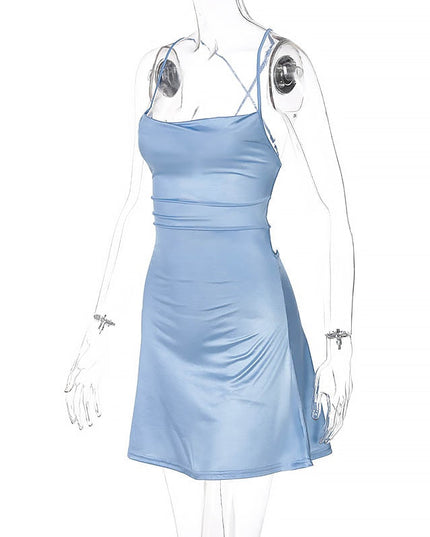 Women Satin Strap Mini Dress Lace Up Bandage Bodycon Backless Sexy Streetwear