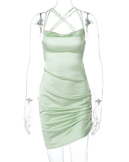 Satin Women Strap Mini Dress Ruched Lace Up Cross Bandage Backless Bodycon Sexy Party Elegant