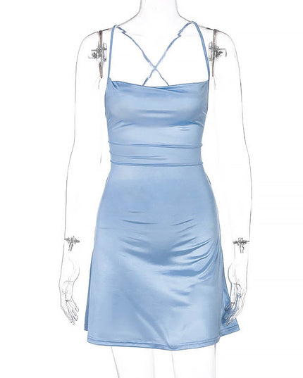 Women Satin Strap Mini Dress Lace Up Bandage Bodycon Backless Sexy Streetwear