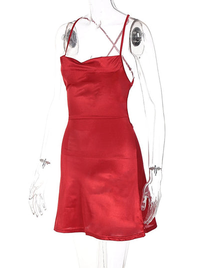 Women Satin Strap Mini Dress Lace Up Bandage Bodycon Backless Sexy Streetwear