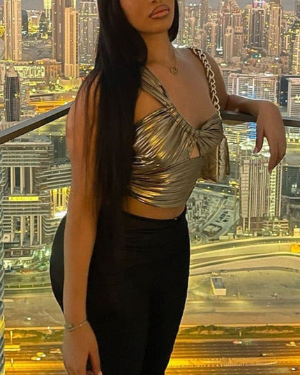 Sexy Slant Shoulder Sleeveless Bodycon Crop Women Bright Ruched Cut Out Corset Top 2022 Summer