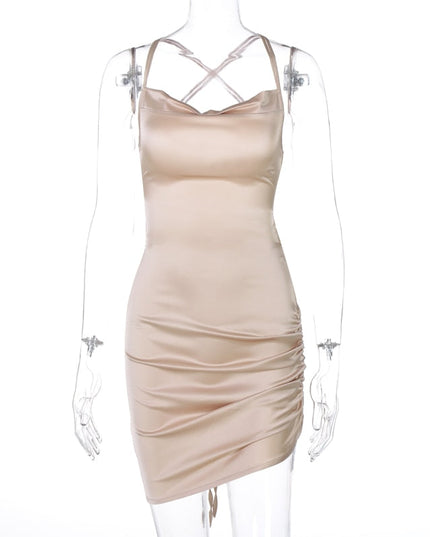 Satin Women Strap Mini Dress Ruched Lace Up Cross Bandage Backless Bodycon Sexy Party Elegant