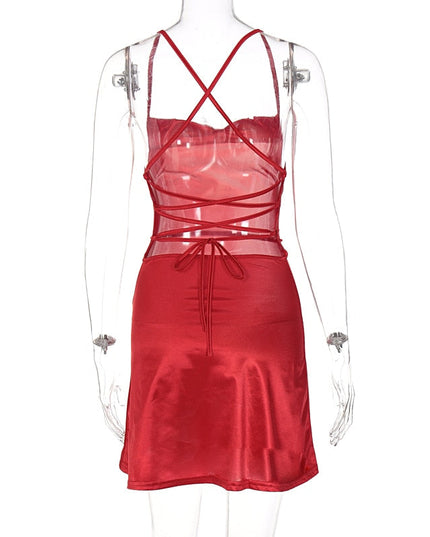 Women Satin Strap Mini Dress Lace Up Bandage Bodycon Backless Sexy Streetwear