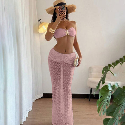 Summer Women Clothing Solid Color Sexy Lace up Tube Top Lace Maxi