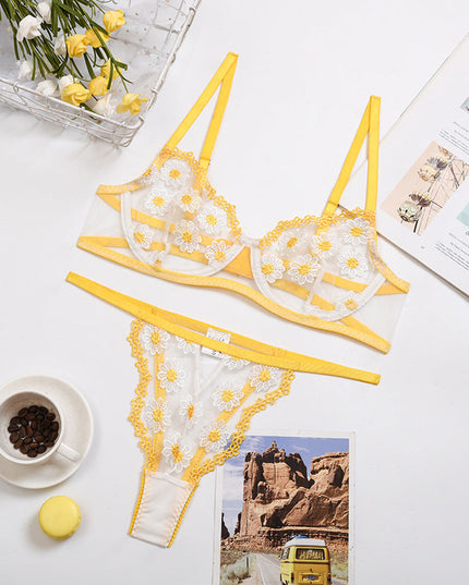 Lace Floral Border Mesh Three-Point Bra Sexy Lingerie