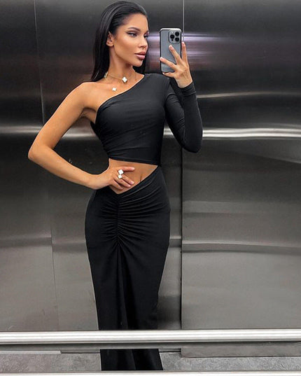 Women Sexy Oblique Shoulder Single Sleeve Pleated Cropped Outfit Split Mid Length Women Dress