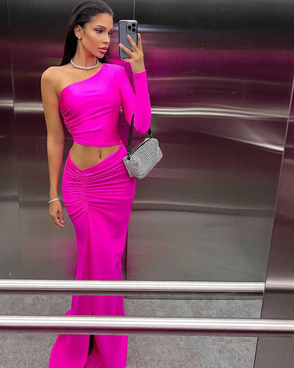 Women Sexy Oblique Shoulder Single Sleeve Pleated Cropped Outfit Split Mid Length Women Dress