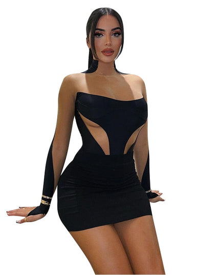 Long Sleeve Patchwork Mesh See Through Sexy Bodycon Mini Dress Evening Clothes