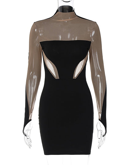 Long Sleeve Patchwork Mesh See Through Sexy Bodycon Mini Dress Evening Clothes