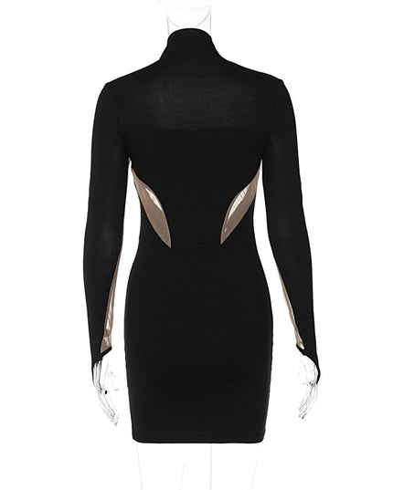 Long Sleeve Patchwork Mesh See Through Sexy Bodycon Mini Dress Evening Clothes