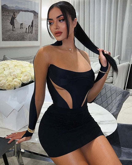 Long Sleeve Patchwork Mesh See Through Sexy Bodycon Mini Dress Evening Clothes