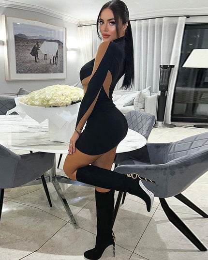 Long Sleeve Patchwork Mesh See Through Sexy Bodycon Mini Dress Evening Clothes