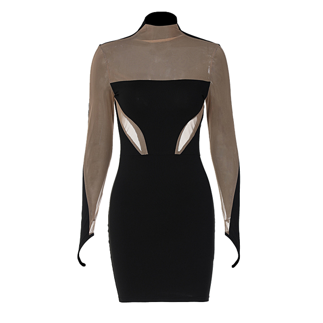 Long Sleeve Patchwork Mesh See Through Sexy Bodycon Mini Dress Evening Clothes