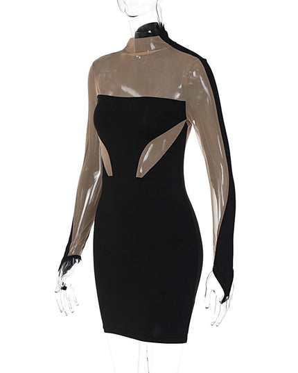 Long Sleeve Patchwork Mesh See Through Sexy Bodycon Mini Dress Evening Clothes
