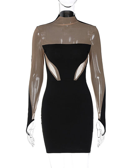 Long Sleeve Patchwork Mesh See Through Sexy Bodycon Mini Dress Evening Clothes