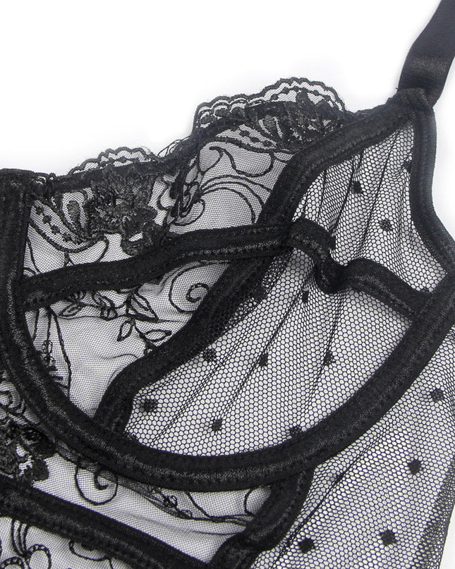 Embroidered Lace Hollow Cut Teddy Lingerie