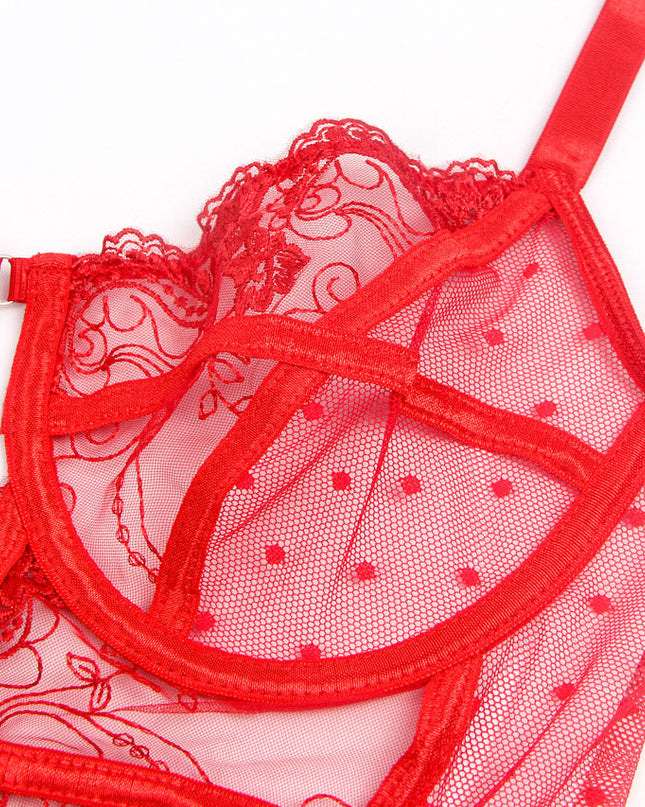 Embroidered Lace Hollow Cut Teddy Lingerie