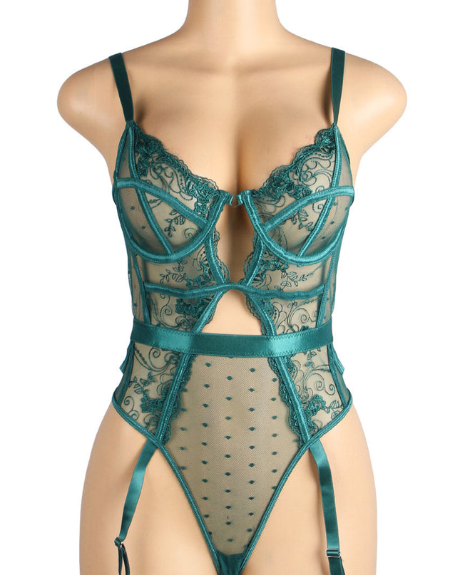 Embroidered Lace Hollow Cut Teddy Lingerie