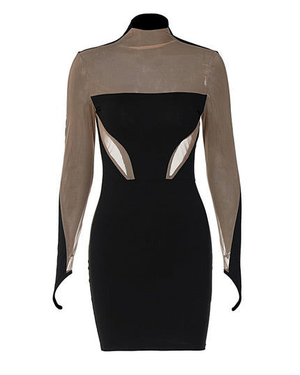 Long Sleeve Patchwork Mesh See Through Sexy Bodycon Mini Dress Evening Clothes
