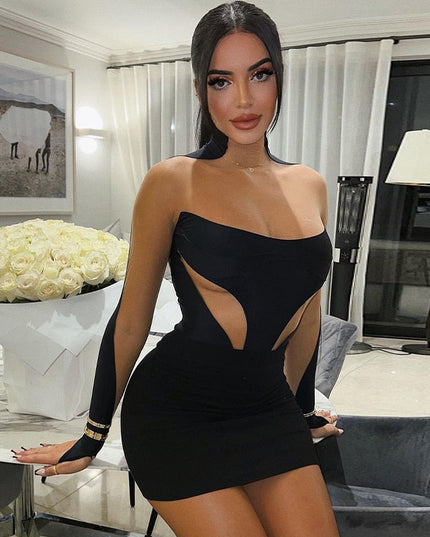 Long Sleeve Patchwork Mesh See Through Sexy Bodycon Mini Dress Evening Clothes