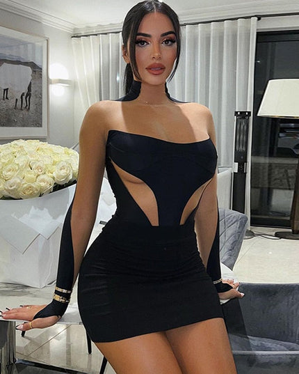 Long Sleeve Patchwork Mesh See Through Sexy Bodycon Mini Dress Evening Clothes