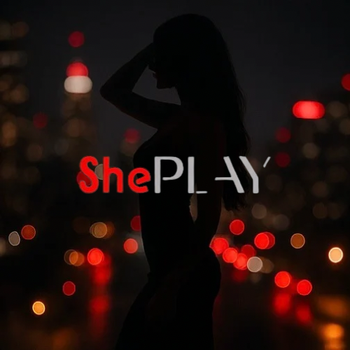 Silhouette of a person against a blurred cityscape with 'ShePLAY' text.