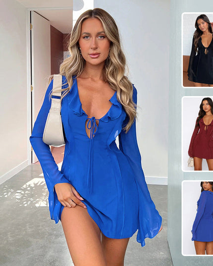 Sexy Ruffled V-neck Lace-up Long-sleeved Dress Fashion Y2K Skirt Slim